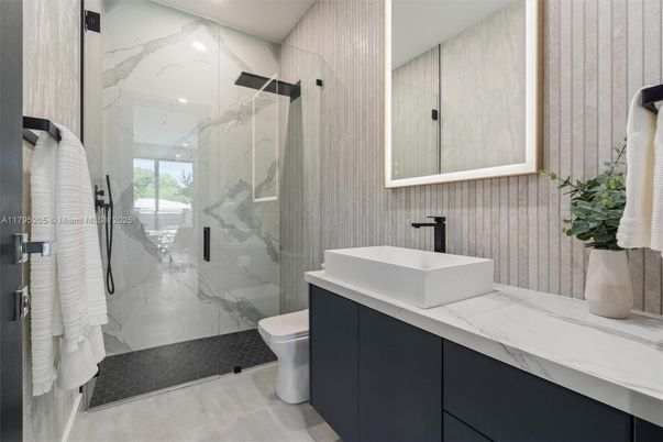 Bathroom, Glass Shower, Interior, Marble Walls, Recessed Lighting