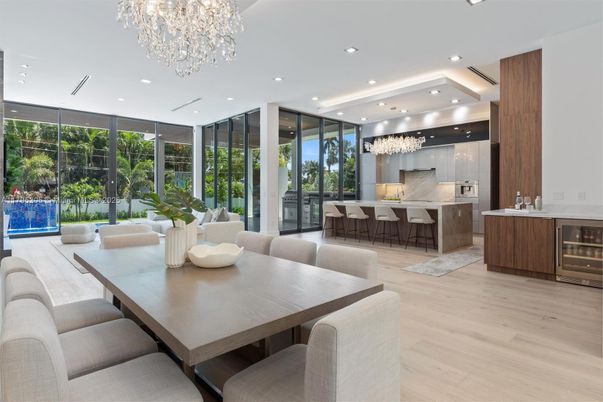 Chandelier, Dining room, Interior, Kitchen, Recessed Lighting, Stainless Steel Appliances, Wood Texture Flooring