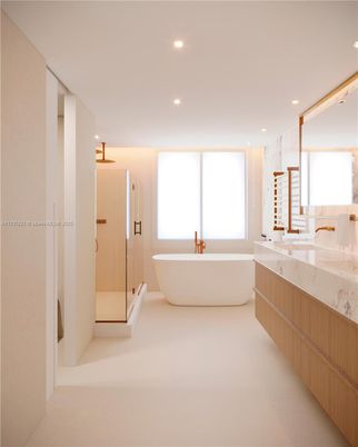 Bathroom, Free Standing Baths, Glass Shower, Interior, Marble Walls, Recessed Lighting
