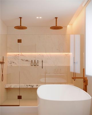 Bathroom, Free Standing Baths, Glass Shower, Interior, Marble Walls, Recessed Lighting