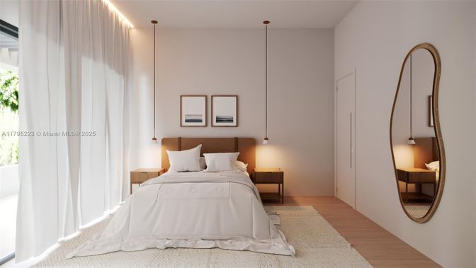 Bedroom, Interior, Pendant Lights, Wood Texture Flooring