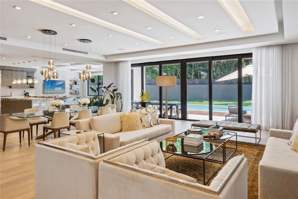 Dining room, Interior, Living room, Pendant Lights, Recessed Lighting, Wood Texture Flooring