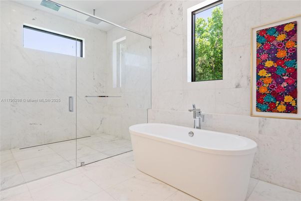 Bathroom, Free Standing Baths, Glass Shower, Interior, Marble, Marble Walls