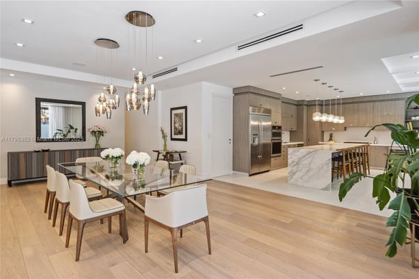 Dining room, Interior, Kitchen, Pendant Lights, Recessed Lighting, Stainless Steel Appliances, Wood Texture Flooring