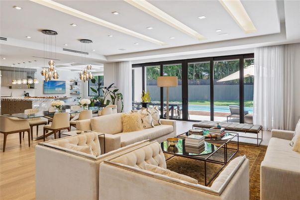 Dining room, Interior, Living room, Pendant Lights, Recessed Lighting, Wood Texture Flooring