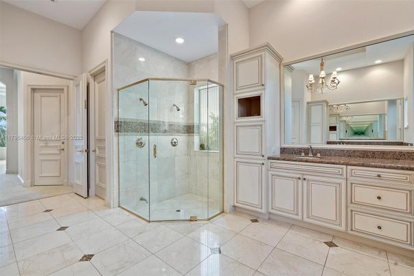 Bathroom, Chandelier, Glass Shower, Interior, Recessed Lighting