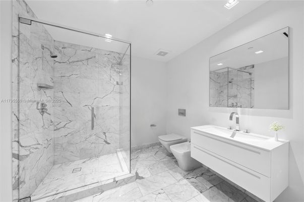Bathroom, Glass Shower, Interior, Marble, Marble Walls, Recessed Lighting