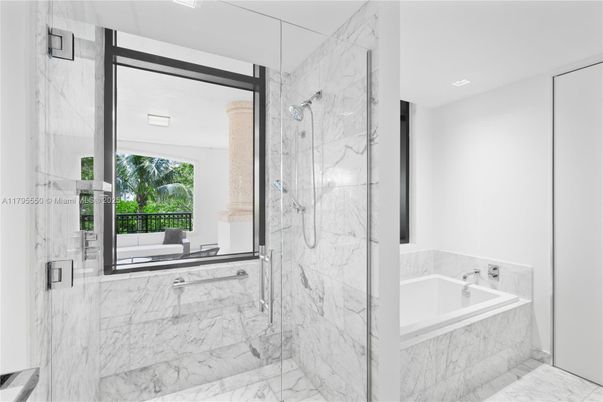 Bathroom, Glass Shower, Interior, Marble, Marble Walls, Recessed Lighting