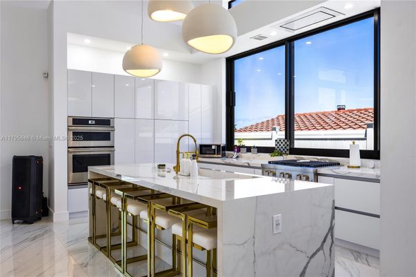 Interior, Kitchen, Marble, Pendant Lights, Recessed Lighting, Stainless Steel Appliances