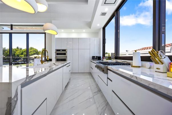 Interior, Kitchen, Marble, Pendant Lights, Recessed Lighting, Stainless Steel Appliances