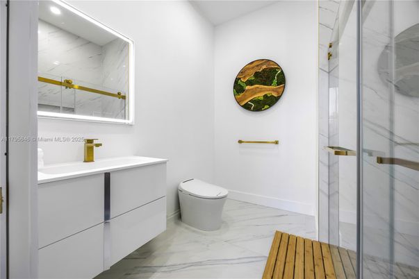 Bathroom, Glass Shower, Interior, Marble, Marble Walls, Recessed Lighting