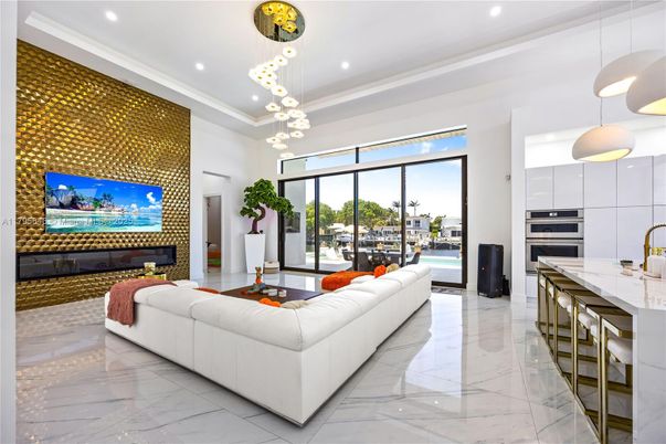 Interior, Kitchen, Living room, Marble, Pendant Lights, Recessed Lighting, Stainless Steel Appliances