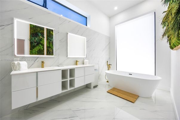 Bathroom, Dual Sink Vanities, Free Standing Baths, Interior, Marble, Marble Walls, Recessed Lighting