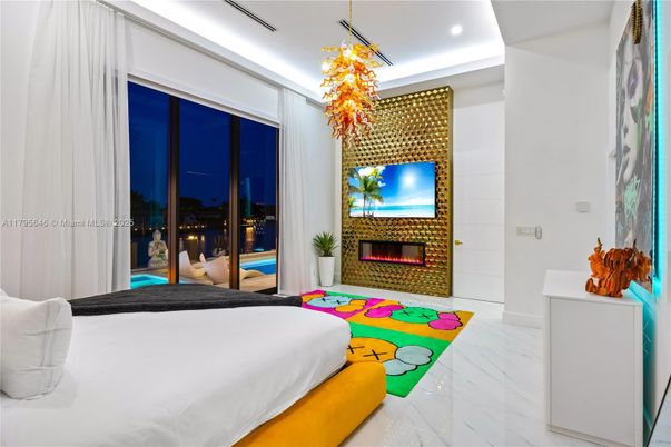 Bedroom, Fireplace, Interior, Marble, Recessed Lighting