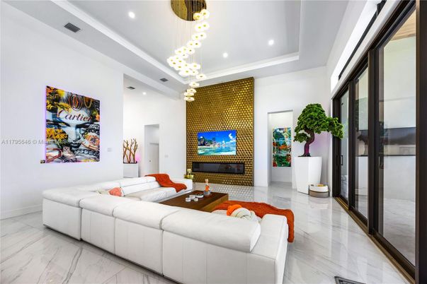 Fireplace, Interior, Living room, Marble, Pendant Lights, Recessed Lighting