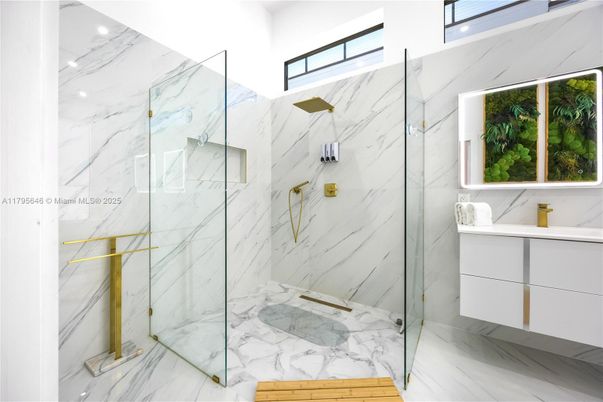 Bathroom, Glass Shower, Interior, Marble, Marble Walls, Recessed Lighting