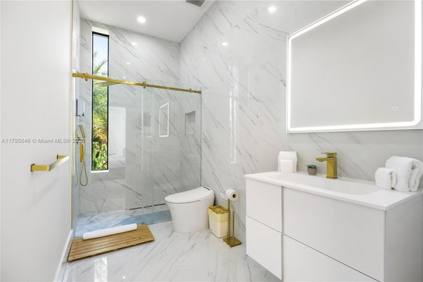 Bathroom, Glass Shower, Interior, Marble, Marble Walls, Recessed Lighting