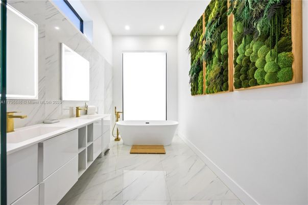 Bathroom, Dual Sink Vanities, Free Standing Baths, Interior, Marble, Marble Walls, Recessed Lighting