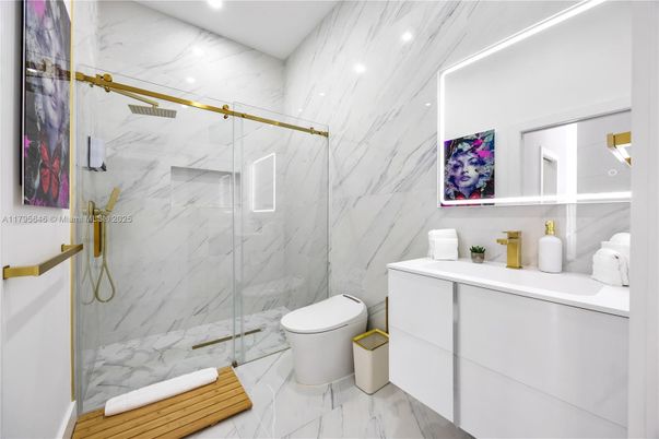Bathroom, Glass Shower, Interior, Marble, Marble Walls, Recessed Lighting