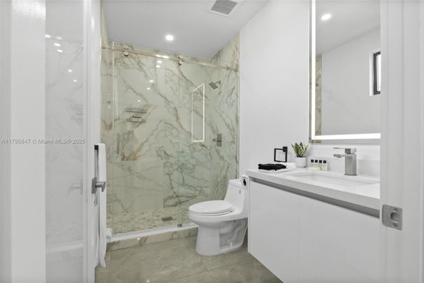 Bathroom, Glass Shower, Interior, Marble Walls, Recessed Lighting