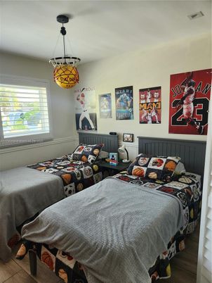 Bedroom, Interior, Pendant Lights, Wood Texture Flooring