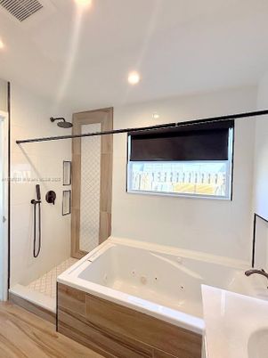 Bathroom, Glass Shower, Interior, Recessed Lighting, Wood Texture Flooring