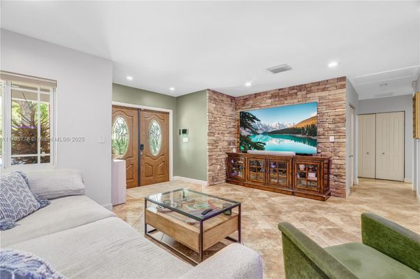 Interior, Living room, Recessed Lighting, Stone Walls