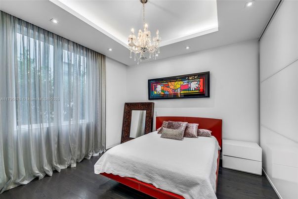 Bedroom, Chandelier, Interior, Recessed Lighting, Wood Texture Flooring