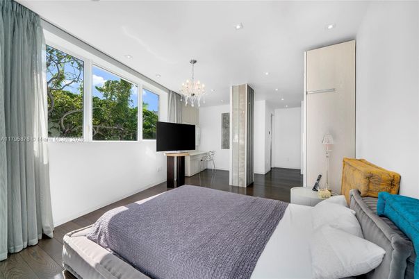 Bedroom, Chandelier, Interior, Recessed Lighting, Wood Texture Flooring