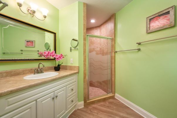 Bathroom, Glass Shower, Interior, Recessed Lighting, Wood Texture Flooring