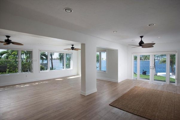 Empty room, Interior, Recessed Lighting, Water, Wood Texture Flooring