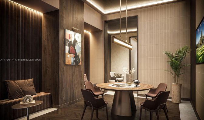 Dining room, Interior, Pendant Lights, Wood Texture Flooring, Wooden Walls