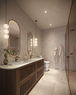Bathroom, Dual Sink Vanities, Glass Shower, Interior, Pendant Lights, Recessed Lighting