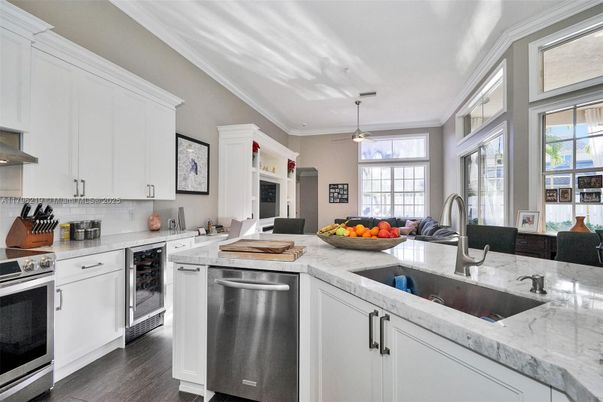Interior, Kitchen, Pendant Lights, Stainless Steel Appliances, Wood Texture Flooring