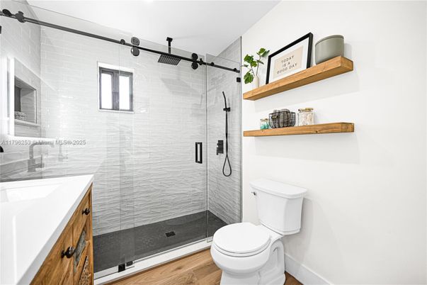 Bathroom, Glass Shower, Interior, Wood Texture Flooring