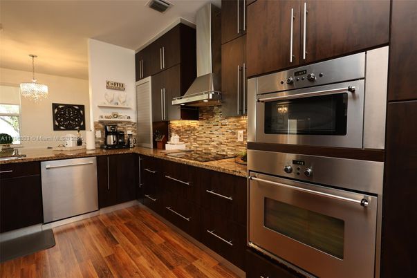 Chandelier, Interior, Kitchen, Stainless Steel Appliances, Wood Texture Flooring