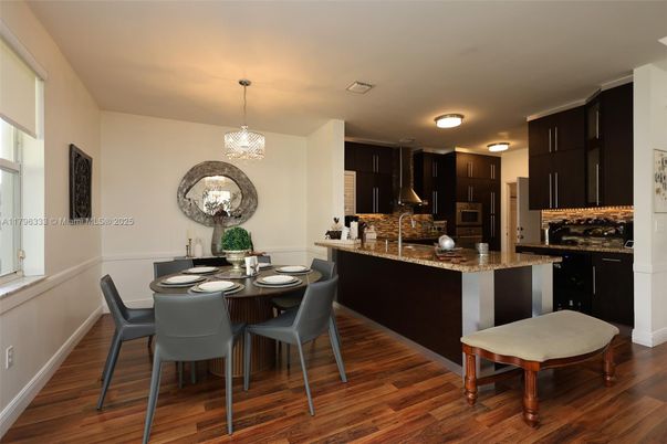 Dining room, Interior, Kitchen, Pendant Lights, Wood Texture Flooring