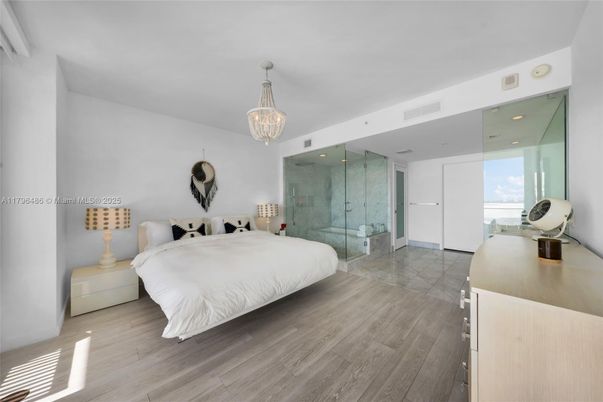 Bedroom, Chandelier, Interior, Recessed Lighting, Wood Texture Flooring