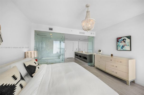 Bathroom, Bedroom, Chandelier, Glass Shower, Interior, Recessed Lighting, Wood Texture Flooring