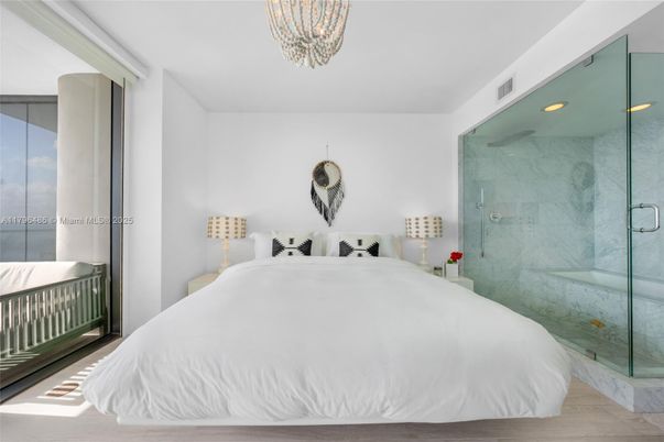 Bathroom, Bedroom, Glass Shower, Interior, Marble Walls, Recessed Lighting, Wood Texture Flooring