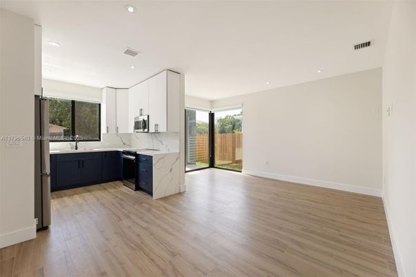 Interior, Kitchen, Marble Walls, Recessed Lighting, Wood Texture Flooring