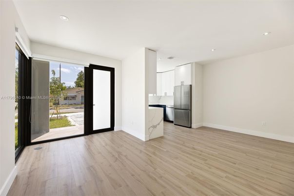 Empty room, Interior, Kitchen, Recessed Lighting, Wood Texture Flooring