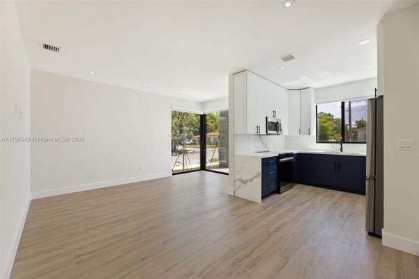 Interior, Kitchen, Marble Walls, Recessed Lighting, Wood Texture Flooring