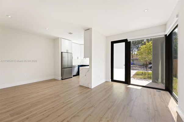 Empty room, Interior, Kitchen, Recessed Lighting, Wood Texture Flooring