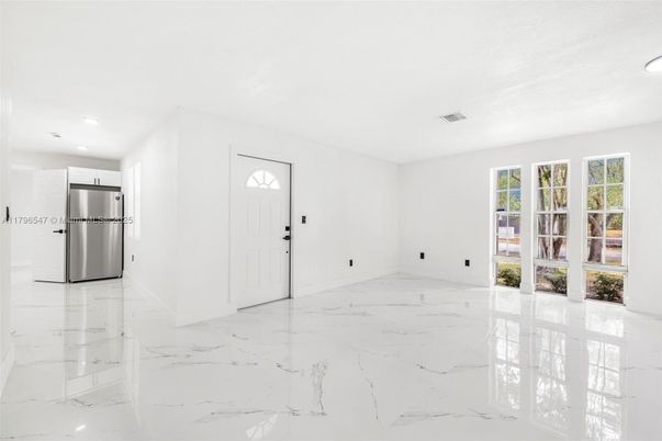 Empty room, Interior, Kitchen, Marble, Recessed Lighting, Stainless Steel Appliances