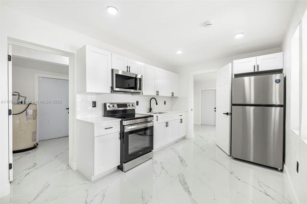 Interior, Kitchen, Marble, Recessed Lighting, Stainless Steel Appliances