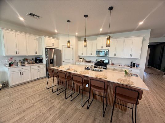 Interior, Kitchen, Pendant Lights, Recessed Lighting, Stainless Steel Appliances, Wood Texture Flooring