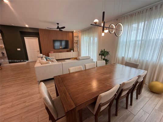 Dining room, Interior, Living room, Pendant Lights, Recessed Lighting, Wood Texture Flooring