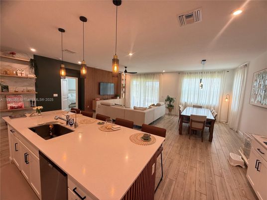 Dining room, Interior, Kitchen, Living room, Pendant Lights, Recessed Lighting, Wood Texture Flooring