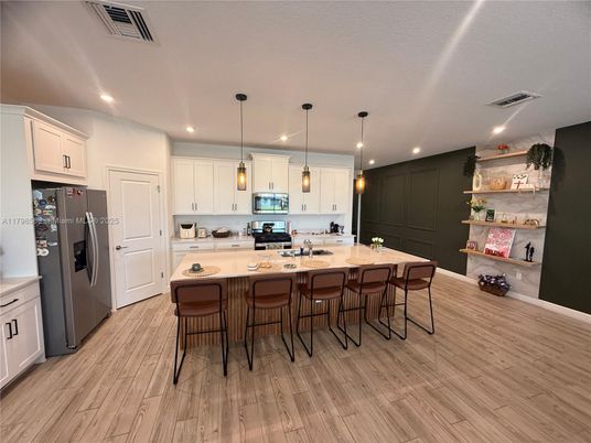 Interior, Kitchen, Pendant Lights, Recessed Lighting, Wood Texture Flooring